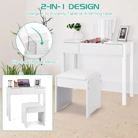 Vanity Makeup Dressing Table Set with Flip Top Mirror and Cushioned Stool White {3}