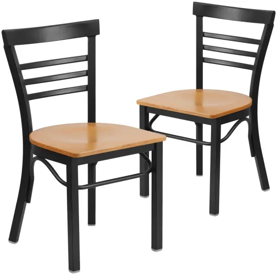 Emma and Oliver 2 Pack Three-Slat Ladder Back Metal Restaurant Chair Natural/BlackMetal {1}