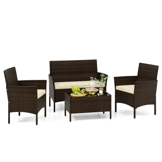4 Piece Patio Rattan Conversation Set With Cozy Seat Cushions Beige {3}