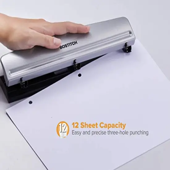 Office Premium 3 Hole Punch, 12 Sheet Capacity, Metal, Rubber Base, Easy-Clean Tray, Silver {4}
