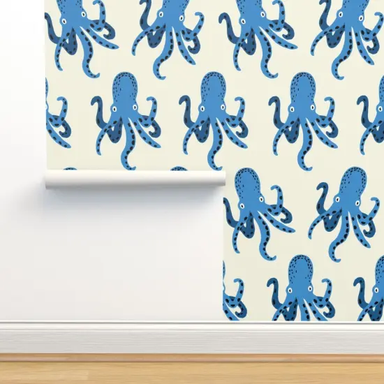 Pre-Pasted Wallpaper 2FT Wide Whimsical Octopi Large Scale Coastal Nautical Beach Vacation Sea Life Custom Pre-pasted Wallpaper by Spoonflower {2}