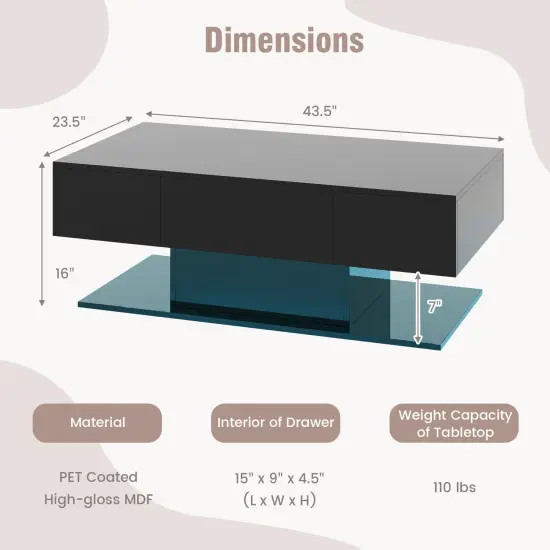 Modern Led Coffee Table With 20 Color Led Lights And 2 Storage Drawers-black Black {5}