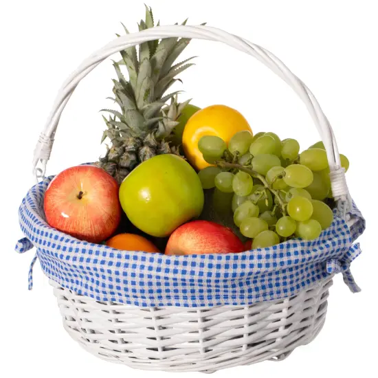 Traditional White Round Willow Gift Basket with Gingham Liner and Sturdy Foldable Handles, Food Snacks Storage Basket {5}