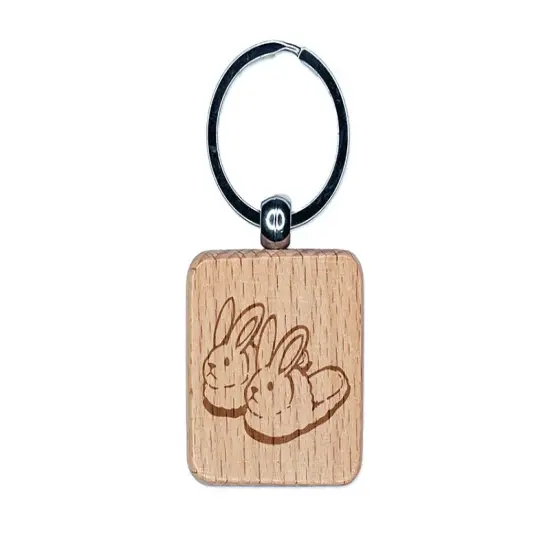Cute and Fluffy Bunny Slippers Engraved Wood Square Keychain Tag Charm {1}