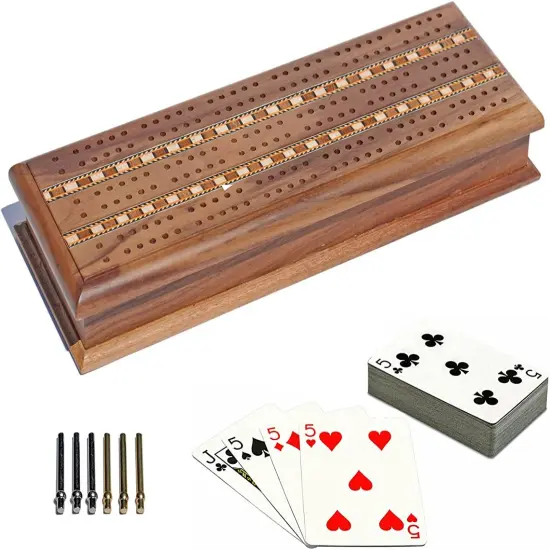 WE Games 3 Track Sprint Cabinet Cribbage Set with Metal Pegs & 2 Card Decks {8}