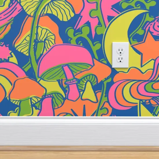 Peel & Stick Wallpaper 2FT Wide Neon Suns Blue Groovy Kitsch 70S 1970S Retro Whimsical Moon Stars Boho Colorful Hippie Custom Removable Wallpaper by Spoonflower {4}