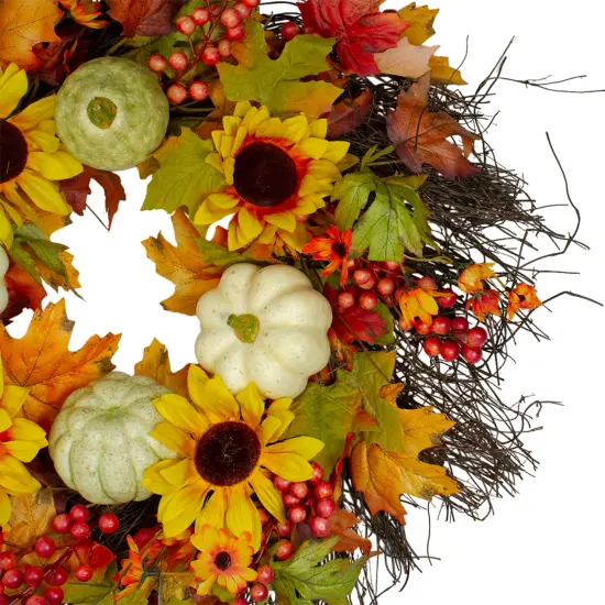 Northlight Sunflowers and Gourds Artificial Fall Harvest Wreath - 26" - Unlit Yellow {4}