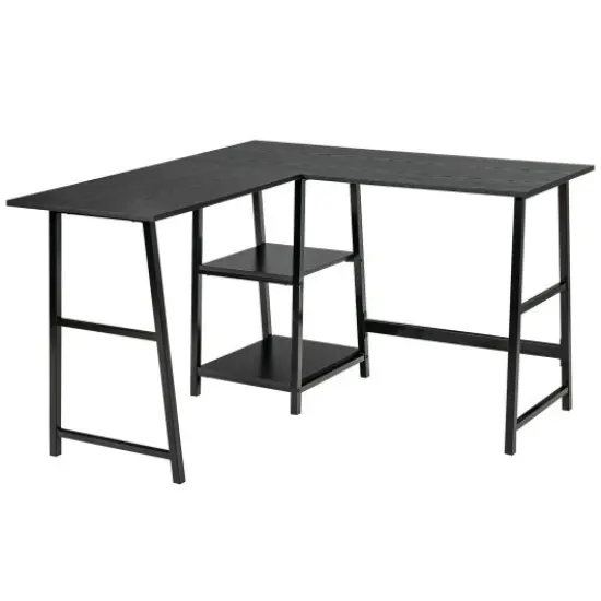 L Shaped Corner Computer Desk with Storage Shelves and Heavy Duty Metal Frame Black {2}