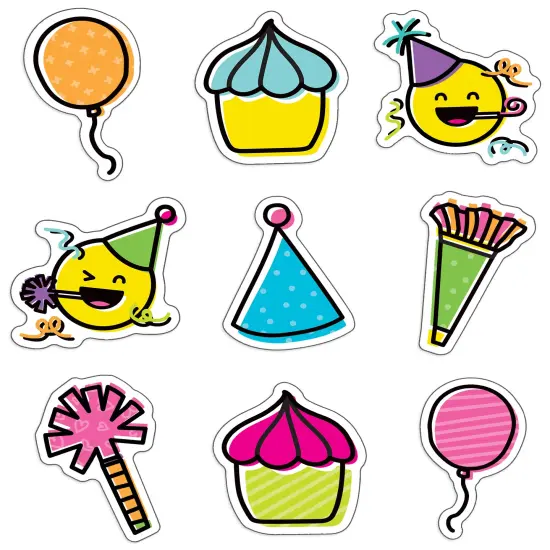 Carson Dellosa Kind Vibes 150-Piece Happy Birthday Cutouts, Colorful Cardstock Balloon, Emoji, and Cupcake Decorations for Party, Bulletin Board, and Classroom Decor {1}