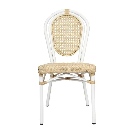 Merrick Lane Toulon Set of Two Stacking Thonet Bistro Style Chair, PE Cane Rattan Seat, and Metal Frame for Indoor/Outdoor Use Natural/White Frame {6}