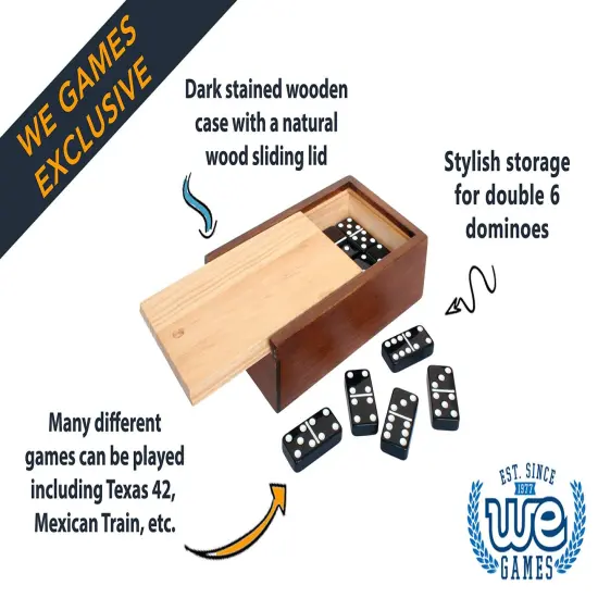 WE Games Double 6 Black Dominoes Game Set in Wooden Case {4}