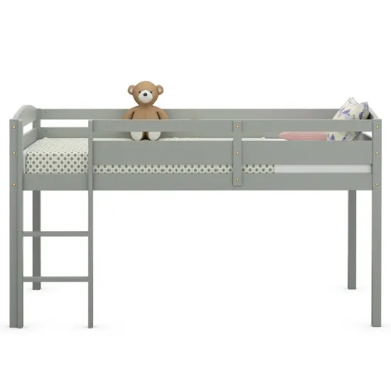 Wooden Twin Low Loft Bunk Bed with Guard Rail and Ladder Grey {4}