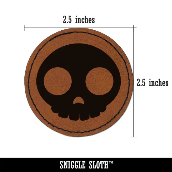 Witty Skull Icon Round Iron-On Engraved Faux Leather Patch Applique - 2.5" Brown {3}