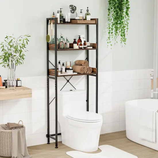 Over The Toilet Storage Rack With Hooks And Adjustable Bottom Bar Rustic Brown {6}