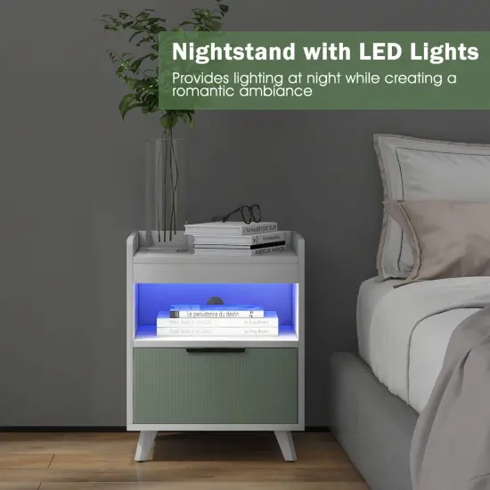 Modern Nightstand with LED Lights Sliding Drawer and Open Compartment-White {6}