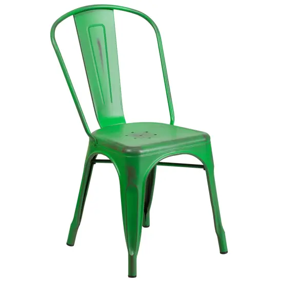 Merrick Lane Banks Indoor/Outdoor Stacking Metal Dining Chair with Single Slat Back and Distressed Powder Coated Finish Green {1}