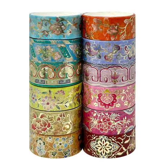 Wrapables Elegant Gold Foil Washi Tape Box Set for Arts & Crafts, Scrapbooking, Stationery, Diary (12 Rolls) Gold Floral {7}
