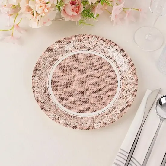 25 NATURAL 9" Burlap Print Floral Lace Paper Dinner PLATES {4}