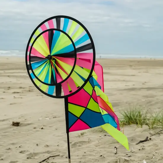 In the Breeze Neon Colorblock Spinner Wheels with Garden Flag and Tails - Ground Stake Included - Colorful Décor for your Yard and Garden {3}