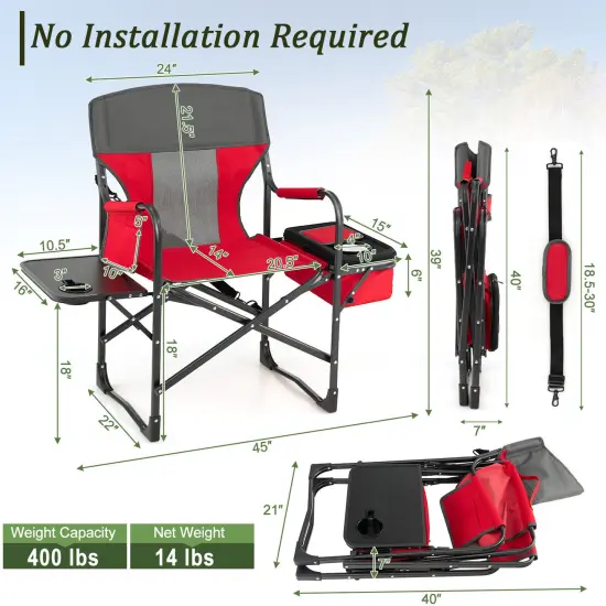 Folding Camping Directors Chair With Cooler Bag And Side Table Red {4}