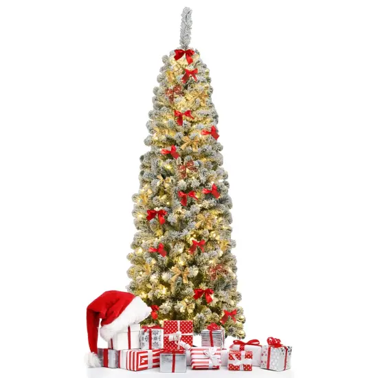 Pre-lit Snow Flocked Artificial Pencil Christmas Tree with 250 LED Lights {4}