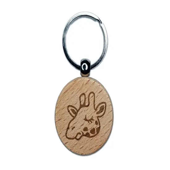 Sleepy Giraffe Head Engraved Wood Round Keychain Tag Charm {1}