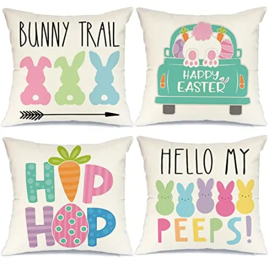 GEEORY Easter Pillow Covers 18x18 Set of 4 Easter Decorations for Home Bunny Truck Hello Peeps Hip Hop Pillows Easter Decorative Throw Pillows Spring Easter Farmhouse Decor {1}