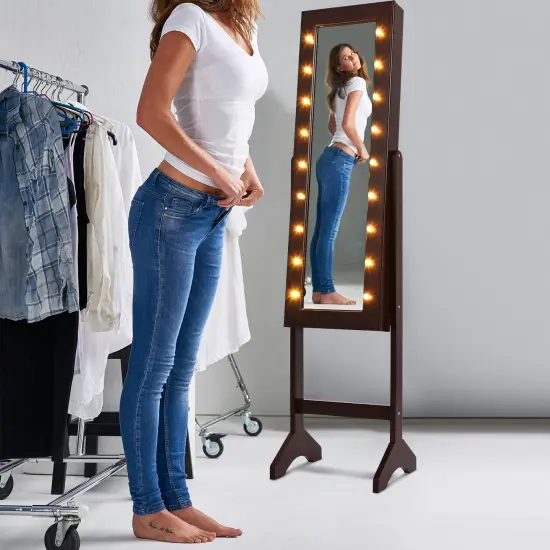 Freestanding Jewelry Organizer Cabinet Armoire with LED Lights and Full Length Mirror Brown {3}