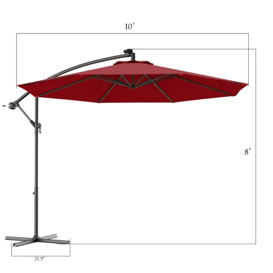 Costway 10' Hanging Solar LED Umbrella Patio Sun Shade Offset Market W/Base Burgundy {3}