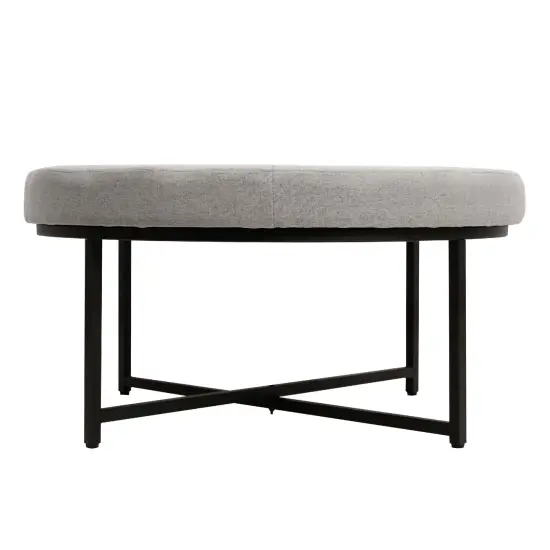 Merrick Lane Almas 34-Inch Round Tufted Cotton Linen Ottoman with Durable Metal Frame Gray {3}