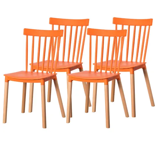 Modern Plastic Dining Chair Windsor Design with Beech Wood Legs Set of 4 Orange {9}