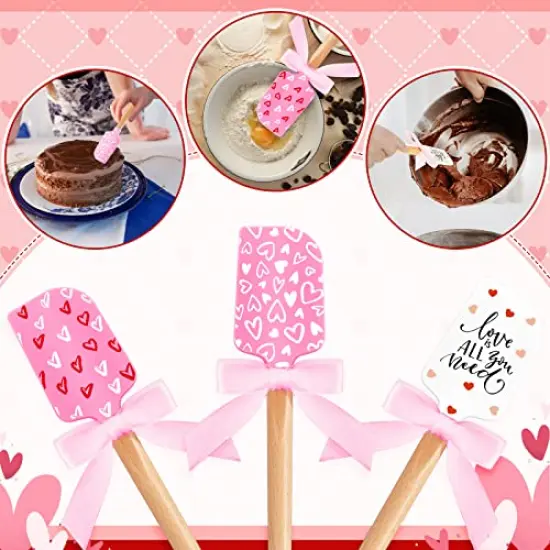 3 Pieces Valentine's Day Silicone Spatulas with Wooden Handles Valentine Pattern Heat Resistant Baking Spatulas Silicone Spatulas with Pink Satin Ribbon Bows for Baking, Cooking and Sauteing {1}