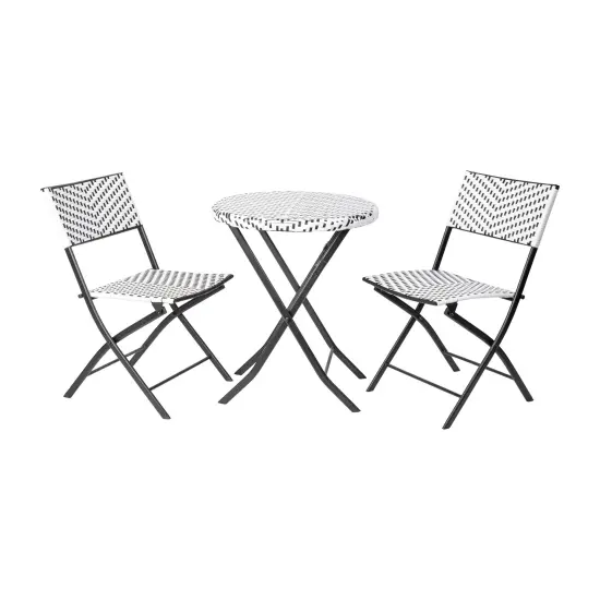 Emma and Oliver Ciel Three Piece Folding Bistro Set in PE Rattan with Metal Frames for Indoor and Outdoor Use Black & White {2}