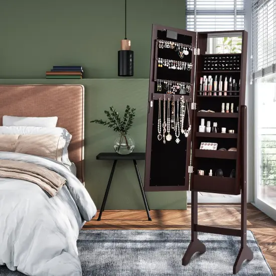 Freestanding Jewelry Organizer Cabinet Armoire with LED Lights and Full Length Mirror Brown {2}