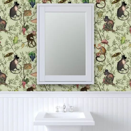Peel & Stick Wallpaper 2FT Wide Green Chinoiserie Victorian Animals Rococo Garden Party Leaves Monkeys Historic Toile Botanical Whimsical Large Scale Custom Removable Wallpaper by Spoonflower {6}