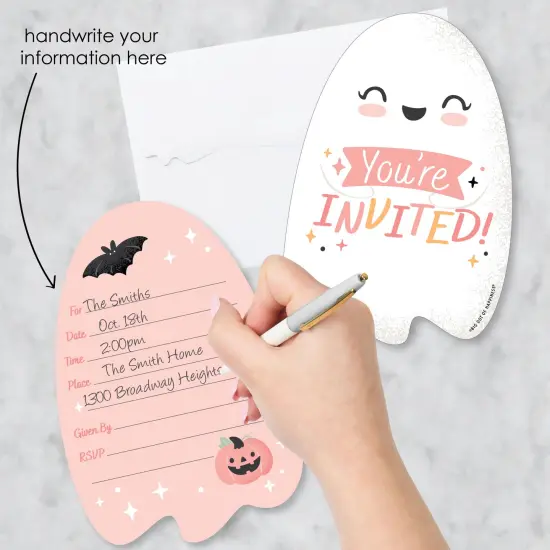 Big Dot of Happiness Pastel Halloween - Shaped Fill-In Invitations - Pink Pumpkin Party Invitation Cards with Envelopes - Set of 12 {4}