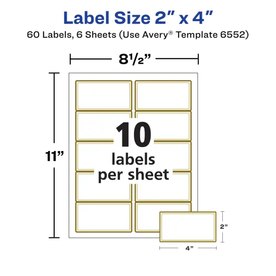 Avery Printable Glossy Clear Labels, 2" x 4" Rectangle Labels, Clear with Metallic Gold Border, Permanent Adhesive, Laser & Inkjet Compatible, 60 Blank Labels (6552) {5}