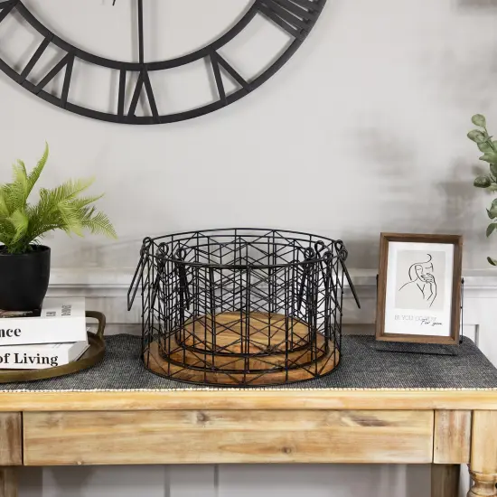 Northlight Round Iron Nesting Baskets with Natural Wood Base - 14" - Set of 3 Black {3}