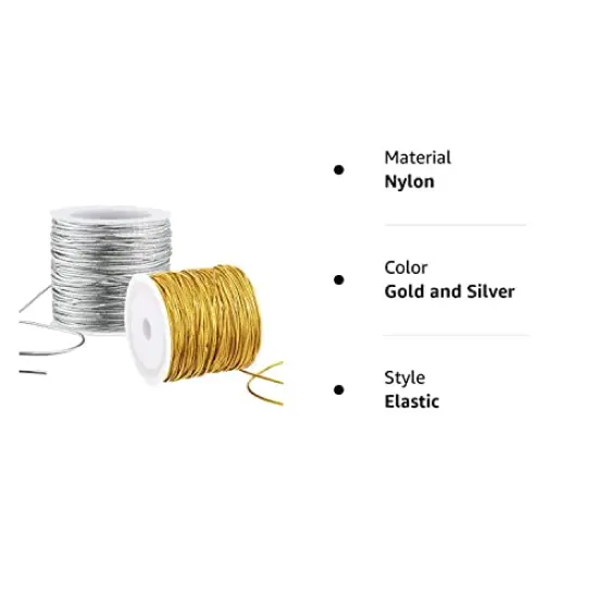 2 Rolls Metallic Elastic Cords Stretch Cord Ribbon Metallic Tinsel Cord Rope for Craft Making Gift Wrapping, 1 mm 55 Yards (Gold and Silver) {2}