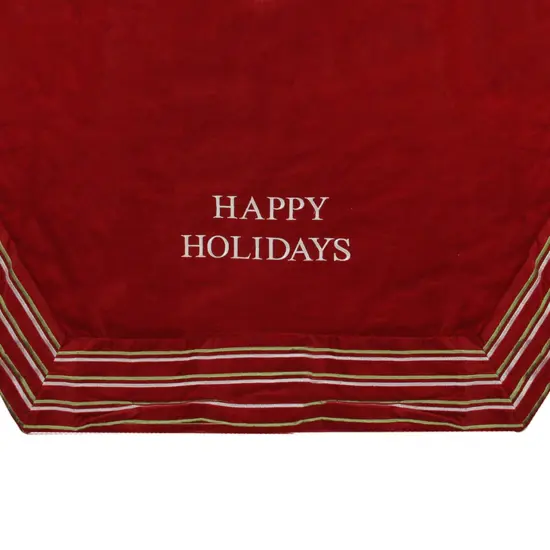 Season's Designs 56" Red and White 'Happy Holidays' Christmas Tree Skirt with Striped Trim {3}