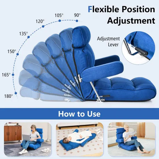 Foldable Floor Sofa Chair with 6-Position Adjustable Headrest and Metal Frame Blue {5}