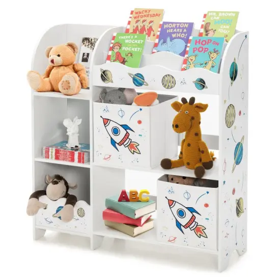 Kids Toy and Book Organizer Children Wooden Storage Cabinet with Storage Bins UFO {7}