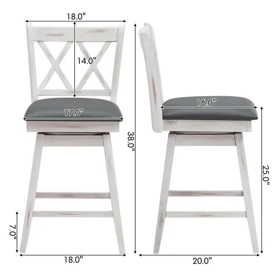 2 Pieces 25 Inch Swivel Counter Height Barstool Set with Rubber Wood Legs White {4}