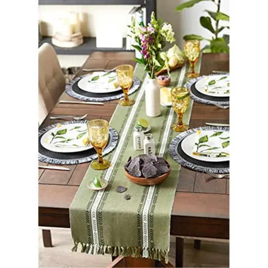 DII Olive Green Dobby Striped Fringe Ribbed Table Runner 14x108 {4}