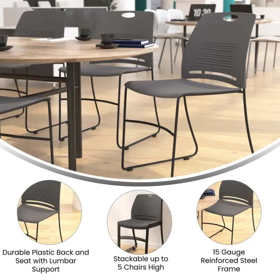 Emma and Oliver Arcana Series Heavy Duty 660 lb. Capacity Ergonomic Polypropylene Stack Chair with Perforated Back and Steel Sled Base Gray {2}