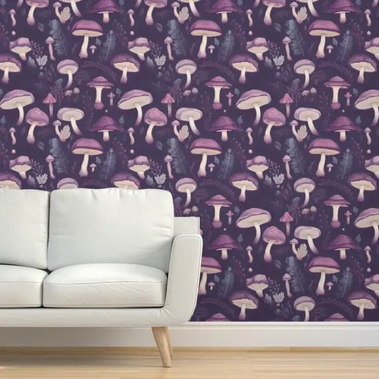 Peel & Stick Wallpaper 2FT Wide Enchanted Purple Mushrooms Woodland Violet Shrooms Botanical Fairies Monochrome Custom Removable Wallpaper by Spoonflower {5}