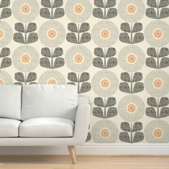 Pre-Pasted Wallpaper 2FT Wide Mid Century Modern Retro Floral Large Scale Neutral Cream Custom Pre-pasted Wallpaper by Spoonflower {5}