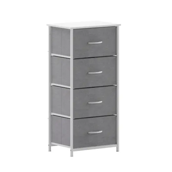 Emma and Oliver Marley 4 Drawer Storage Dresser with Cast Iron Frame, Wood Top and Easy Pull Fabric Drawers with Wooden Handles GrayDrawers/White {1}