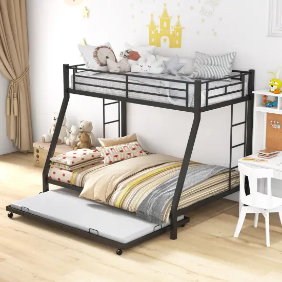 Twin Over Full Bunk Bed Frame with Trundle for Guest Room-Black {2}
