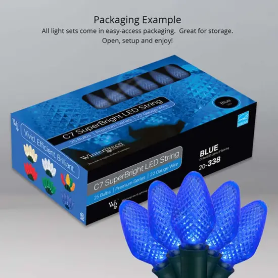 25 Blue C7 LED Christmas Lights, Green Wire, 8" Spacing {6}